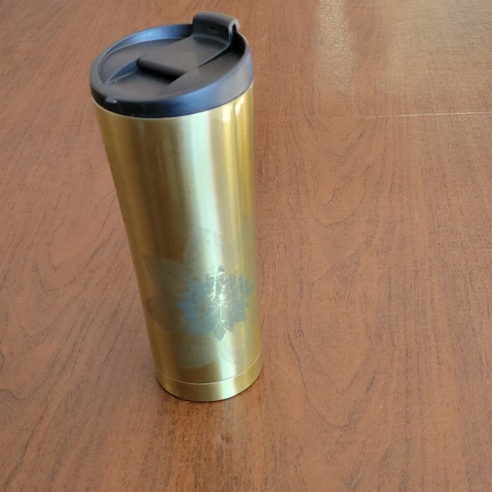 Starbucks Gold Travel Tumbler 2013 Flowers Lotus 12oz Coffee Tea Hot Cold